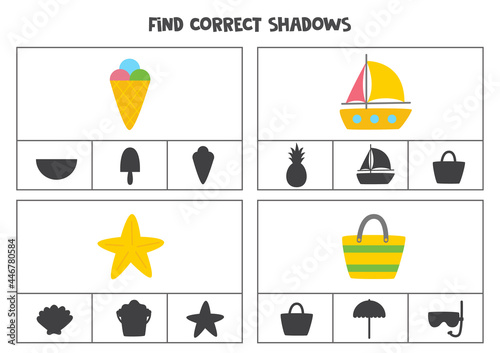 Find correct shadow of summer elements. Printable clip card games for children.