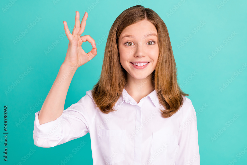 Portrait of attractive cheerful girl showing ok-sign agree ad perfect isolated over vibrant teal turquoise color background Portrait of attractive cheerful girl showing ok-sign agree ad perfect isolated over vibrant teal turquoise color background