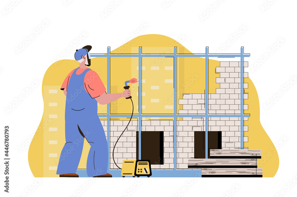 Modern building concept. Builder working, welding metal structures situation. Real estate construction business people scene. Vector illustration with flat character design for website and mobile site