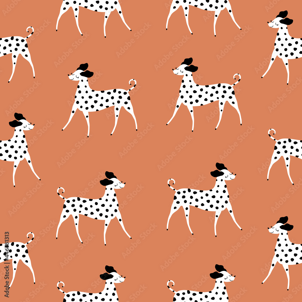 Fototapeta premium Adorable funny dalmatian dog. Spotted purebred dog. Hand drawn animal vector illustration. Cute dogs seamless pattern.