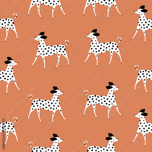 Adorable funny dalmatian dog. Spotted purebred dog. Hand drawn animal vector illustration. Cute dogs seamless pattern.