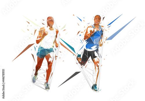 Run. Low polygonal running men, isolated geometric vector illustration from triangles. Group of runners