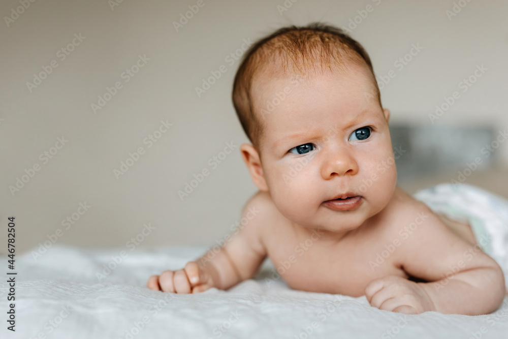 Two months baby holding head up, lying on tummy. Two months baby holding head up, lying on tummy.