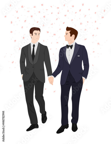 Vector flat doodle illustration of two men in suits holding hands and smiling at each other. Gay wedding. Love is love. Just married couple. Isolated on a white backgroung.