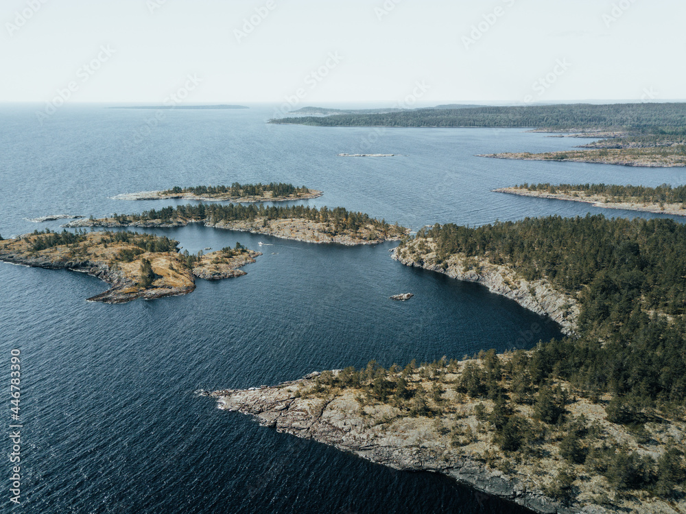 Karelia. Russia. Panorama of the Karelian Islands from a height. Ladoga lake. Panorama of Karelia. Islands in Lake Ladoga. Northern nature of Russia. Republic of Karelia