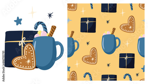 Seamless pattern with winter elements, hot drink, gingerbread, gift packaging, stars, cozy and cute pattern, cartoon and simplicity style, hygge winter, beige background, wrapping paper, scrapbooking
