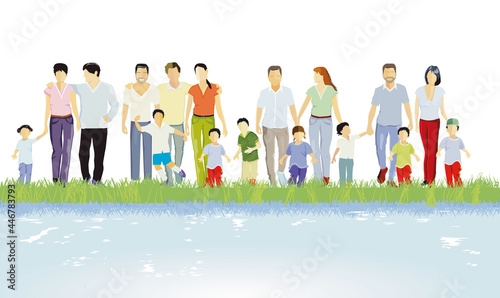 Familien, Eltern und Kinder, Menschengruppen am Wasser