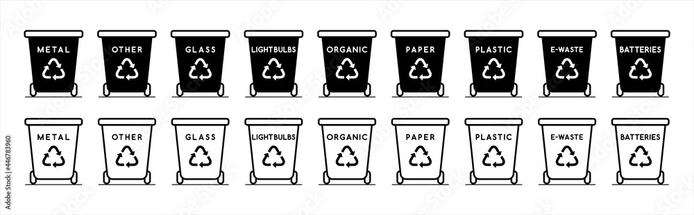 Trash can icon collection. Plastic containers for garbage of different types. Bin icon set. Waste management concept. Vector Illustration. Trash can icon collection. Plastic containers for garbage of different types. Bin icon set. Waste management concept. Vector Illustration.