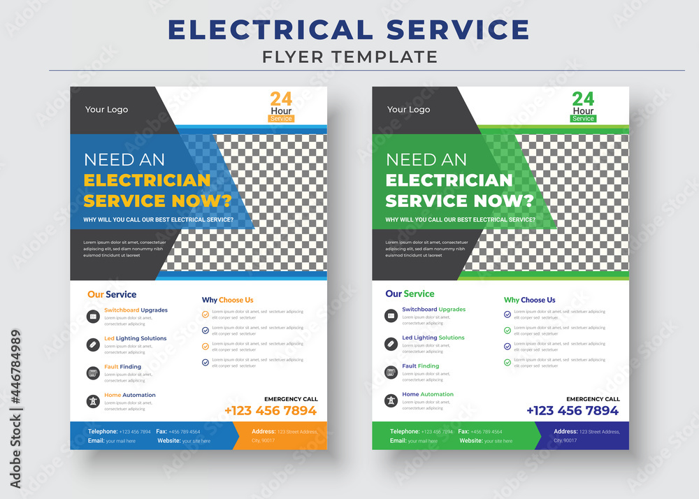 Electrician service flyer template, Professional electrical service poster and flyer