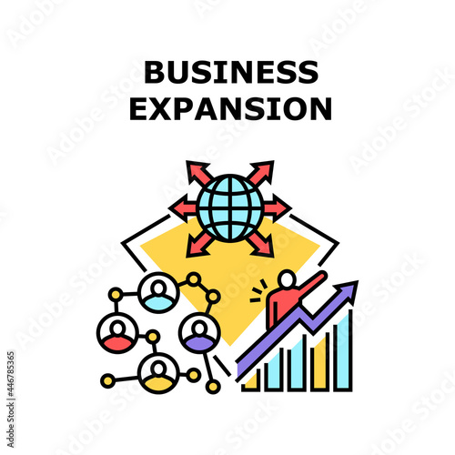 Business Expansion In World Vector Icon Concept. Business Expansion In World, Enterprise Opening Branches Offices Worldwide, Company Growth And Increase Money Profit Color Illustration