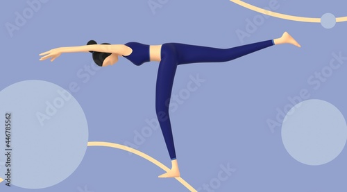 Woman Yoga Poses, People Doing Sports, Yoga Exercise, Fitness, Workout in Different Poses, Stretching, Healthy Lifestyle, trendy 3d illustration, 3d render.
