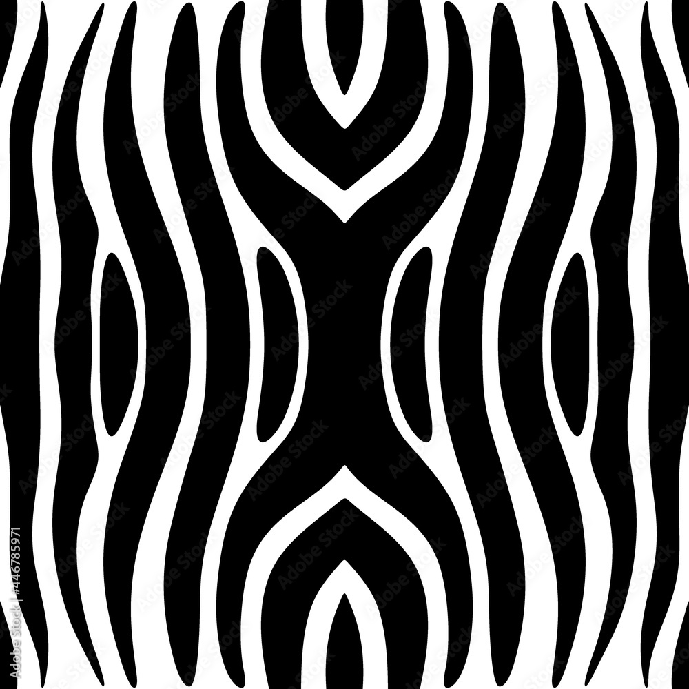 Obraz premium Zebra skin ornament. Curved stripes seamless pattern. Animal fur ornate. Wild animals motif image. Wildlife, natural texture. Curves wallpaper. Digital paper, textile print, web design. Vector work.