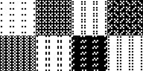 Checks, squares, bars, rectangles, crosses seamless patterns collection. Folk prints. Ethnic ornaments set. Tribal wallpapers kit. Geometrical backgrounds. Retro motif. Abstract images. Vectors bundle