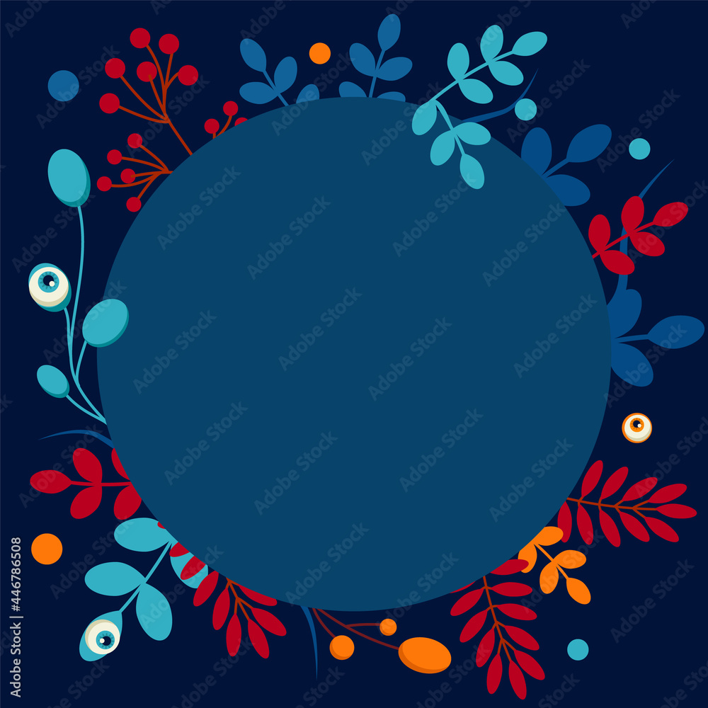 Round dark-blue autumn frame for the inscription. Cute frame with leaves, bats and eyes. Vector illustration - obrazy, fototapety, plakaty 