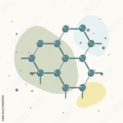 Vector image of a molecule. Icon of molecular research in chemistry and medicine on multicolored background.