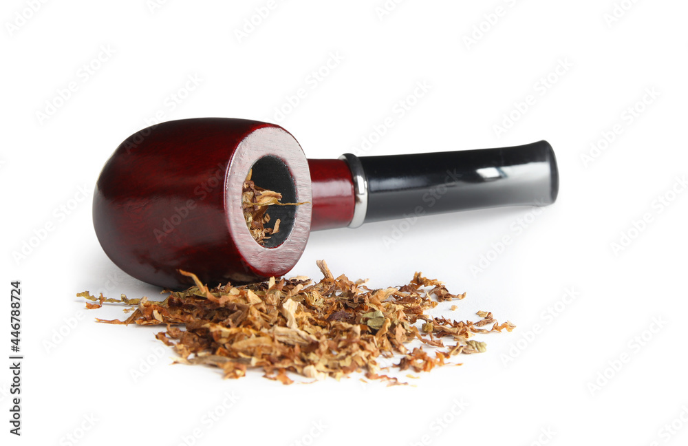 Classic smoking pipe with tobacco on white background