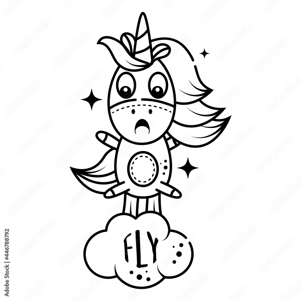 Obraz premium A cute surprised unicorn farts the rainbow and soars into the sky. Isolated object on a white background. utline icon, Coloring page for kids activity games. Doodle style
