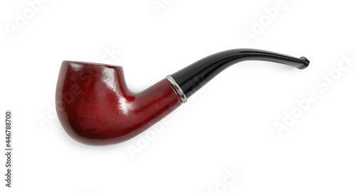 Classic wooden smoking pipe isolated on white, top view