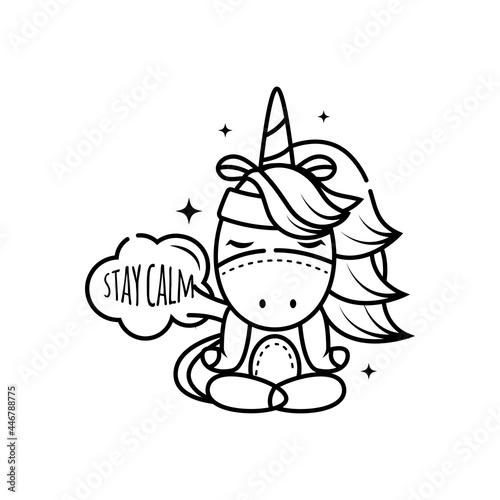 Magical cute unicorn girl relaxes in the lotus position. She does yoga and meditates. Isolated object on a white background. Outline icon  Coloring page for kids activity games. Doodle style