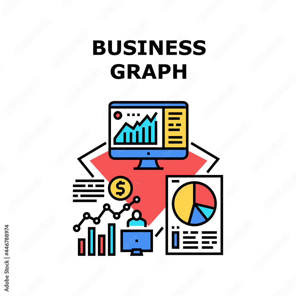 Business Graph Vector Icon Concept. Business Graph Researching Market Rates Prices And Selling Information, Analyzing Annual Financial Report Diagram And Infographic Color Illustration