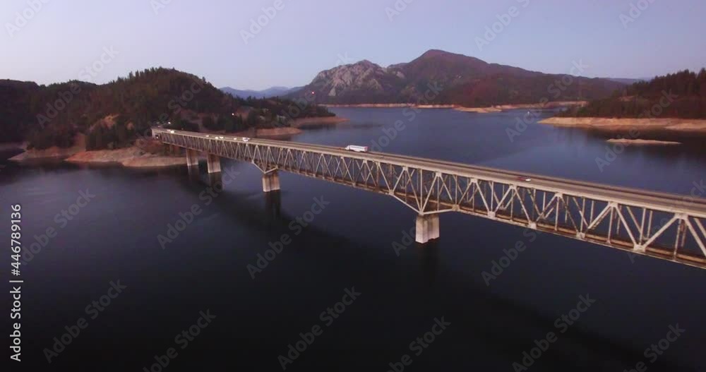 Cars Crossing Pit River Bridge over Shasta Lake in California - Aerial Cars Crossing Pit River Bridge over Shasta Lake in California - Aerial