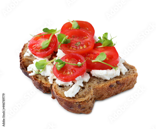 Delicious sandwich with cherry tomatoes, microgreens and cheese on white background