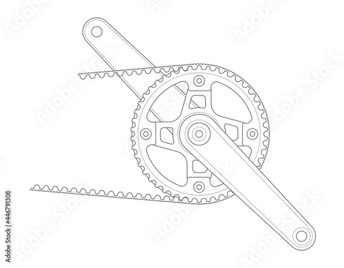 Vector black line bicycle crank with belt drives. Isolated on white background. photo