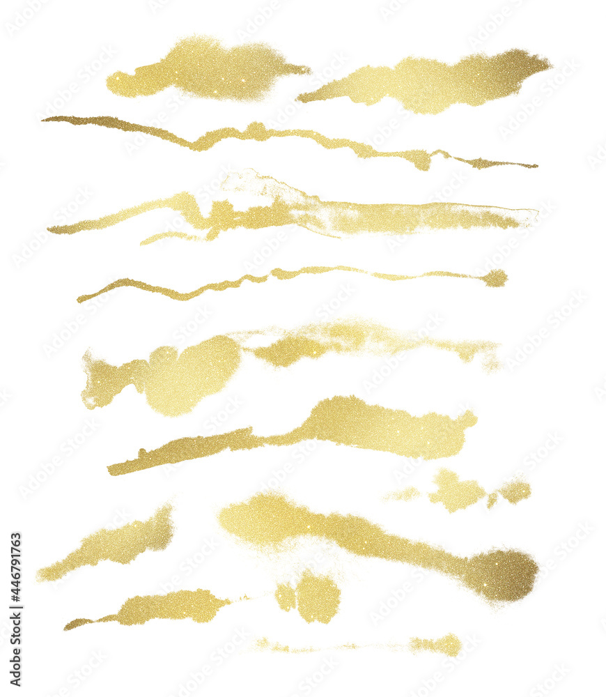 Many golden glitter stardust foil brushstroke isolated on white background. Foil texture diy design elements