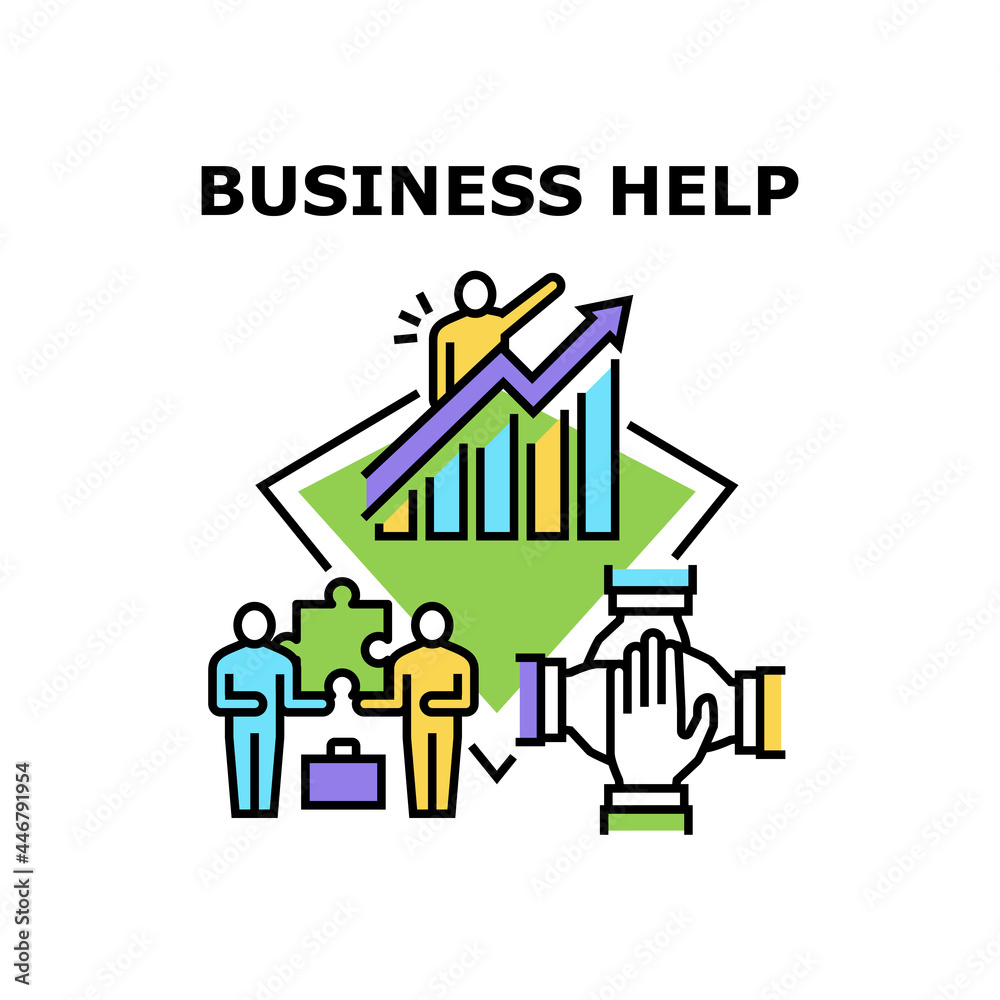 Business Help Vector Icon Concept. Business Help And Support For Resolve Problem Or Increase Sales, Teamwork And Brainstorming. Team Search Solution And Planning Strategy Together Color Illustration