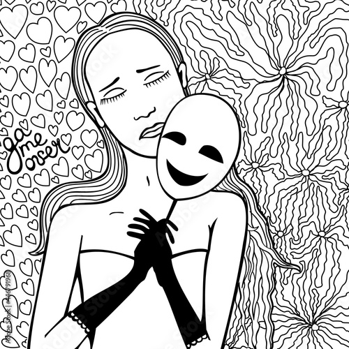 Vector monochrome woman portrait. She removes her mask, because she doesn't want to lie anymore. Monochrome picture for coloring. Hearts and flowers on background. Lettering game over.