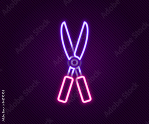 Glowing neon line Gardening handmade scissors for trimming icon isolated on black background. Pruning shears with wooden handles. Colorful outline concept. Vector