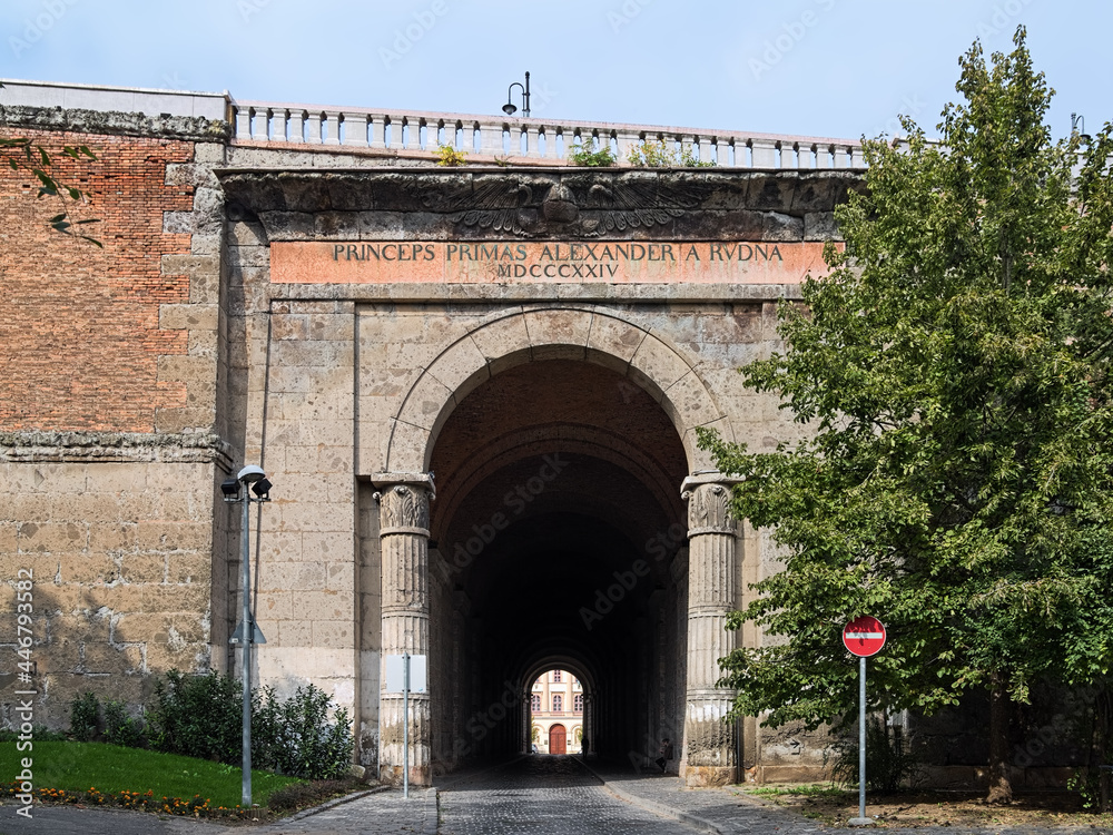 Esztergom, Hungary. Dark Gate or Dark Portal, a tunnel located under the artificial slopes of Castle Hill near Esztergom Basilica. Text above the entrance reads: Prince Primate Alexander Rudnay 1824.