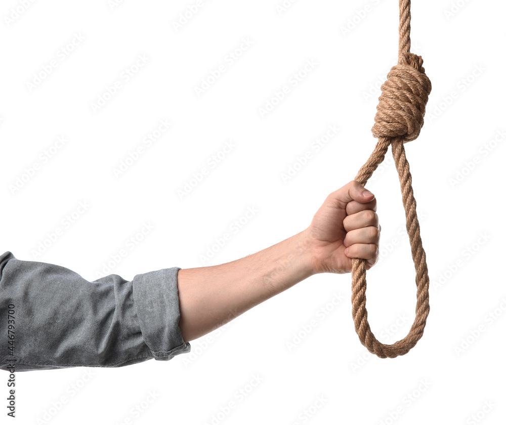 Man holding rope noose on white background, closeup Man holding rope noose on white background, closeup