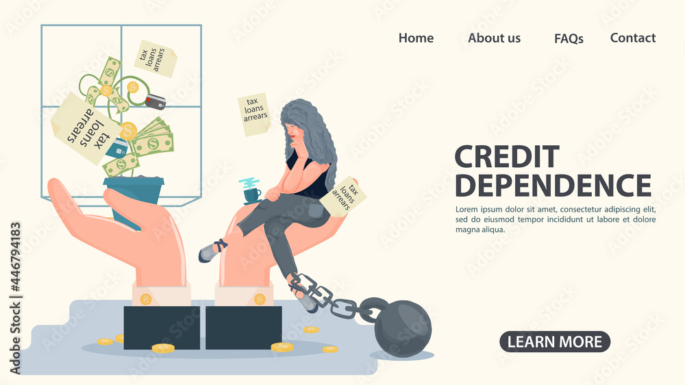 Obraz premium A girl in shackles sits on the palm of her hand in front of a money tree the concept of credit dependence in the world is an illustration in a flat style for design