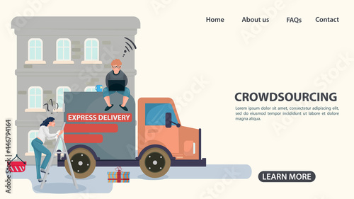 A girl climbs on a delivery truck to a guy sitting on the roof crowdsourcing concept illustration in a flat style for design design