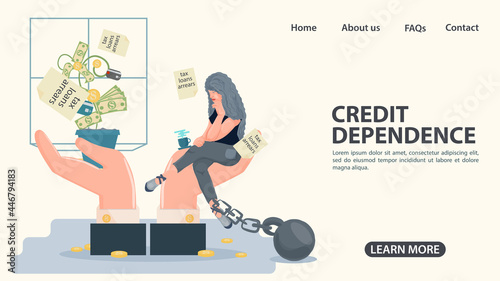 A girl in shackles sits on the palm of her hand in front of a money tree the concept of credit dependence in the world is an illustration in a flat style for design