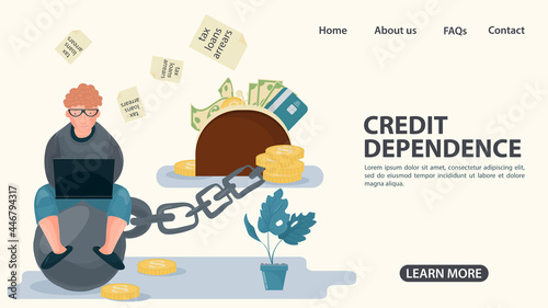A guy with a laptop is sitting on shackles chained to a wallet the concept of credit dependence in the world is an illustration in a flat style for design