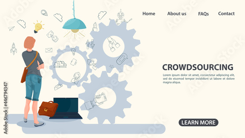 A person looks at the rotating gears the concept of crowdsourcing an illustration in a flat style for the design design