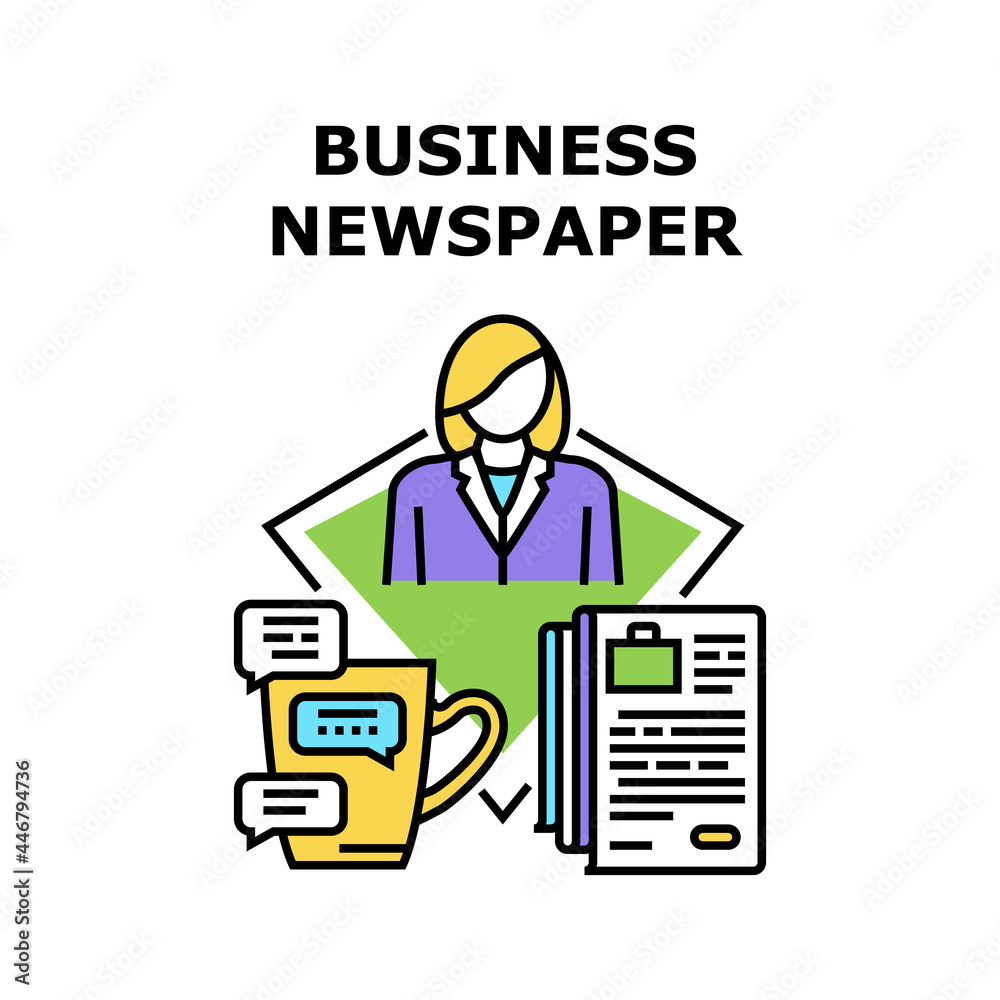 Business Newspaper Reading Vector Icon Concept. Business Newspaper Reading Financial And Market News Publication, Businesswoman Read Information And Drinking Cup In Morning Color Illustration Business Newspaper Reading Vector Icon Concept. Business Newspaper Reading Financial And Market News Publication, Businesswoman Read Information And Drinking Cup In Morning Color Illustration