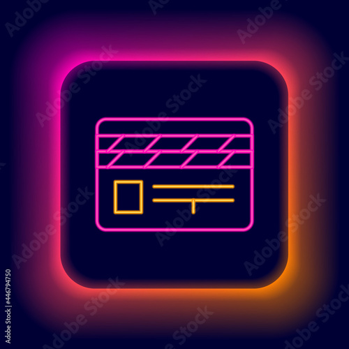 Glowing neon line Movie clapper icon isolated on black background. Film clapper board. Clapperboard sign. Cinema production or media industry. Colorful outline concept. Vector