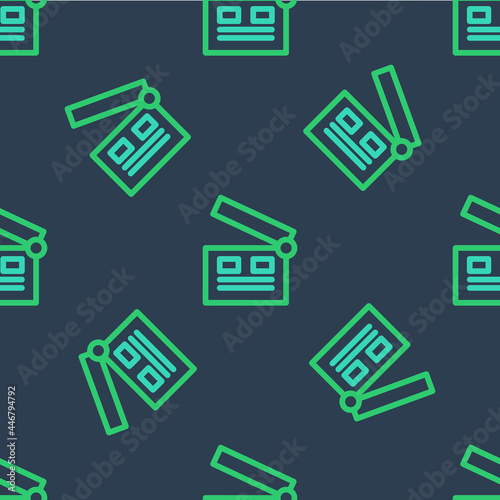 Line Movie clapper icon isolated seamless pattern on blue background. Film clapper board. Clapperboard sign. Cinema production or media industry. Vector