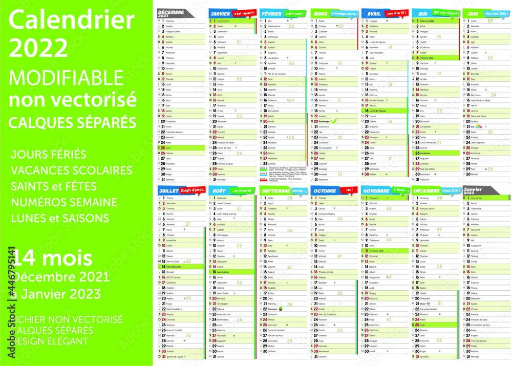 Calendrier Des Lunes Janvier 2023 Calendrier 2022, Textes Non Vectorisés, 14 Mois, Calques Séparés, Vacances  Scolaires, Semaines, Fêtes, Saints, Lunes, Saisons Stock Vector | Adobe  Stock