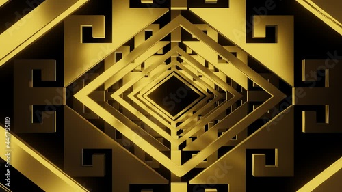 Golden pattern frame is flying through the dark scene.,4К Background Animation of seamless loops