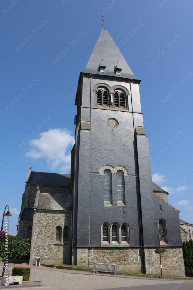 Exterior view of the Church of St.Etienne of Bertrix. The 19th century church stands in the town centre of Bertix in the Province of Luxembourg in Belgium.