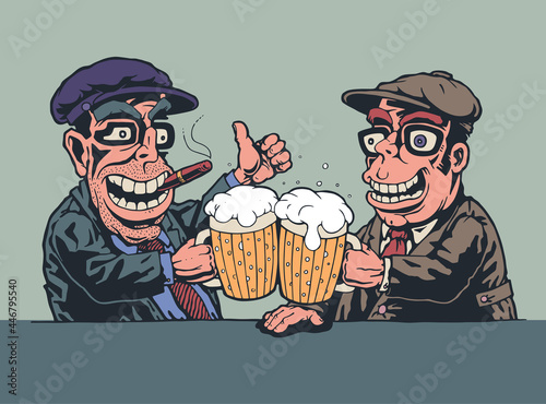 Two joyful men at the bar are raising mugs of beer. Vector Illustration.