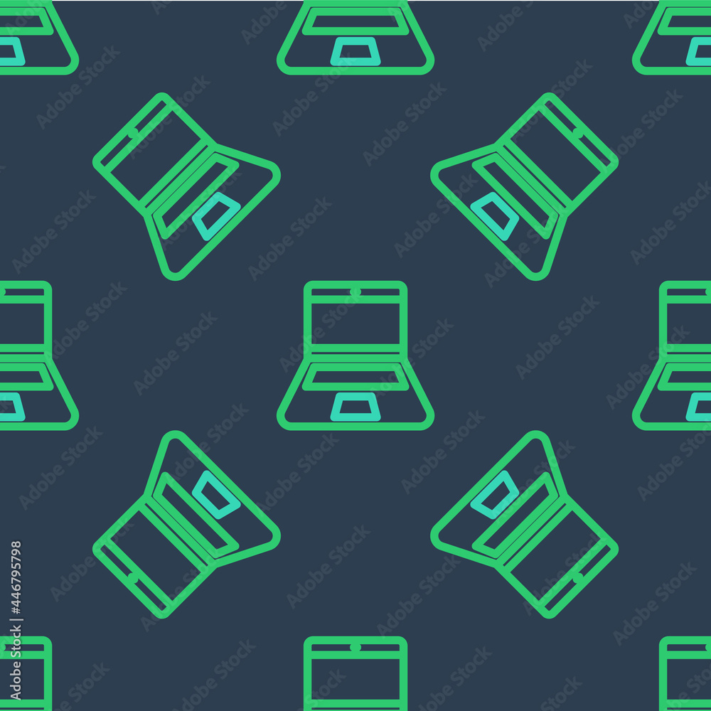 Line Laptop icon isolated seamless pattern on blue background. Computer notebook with empty screen sign. Vector Line Laptop icon isolated seamless pattern on blue background. Computer notebook with empty screen sign. Vector