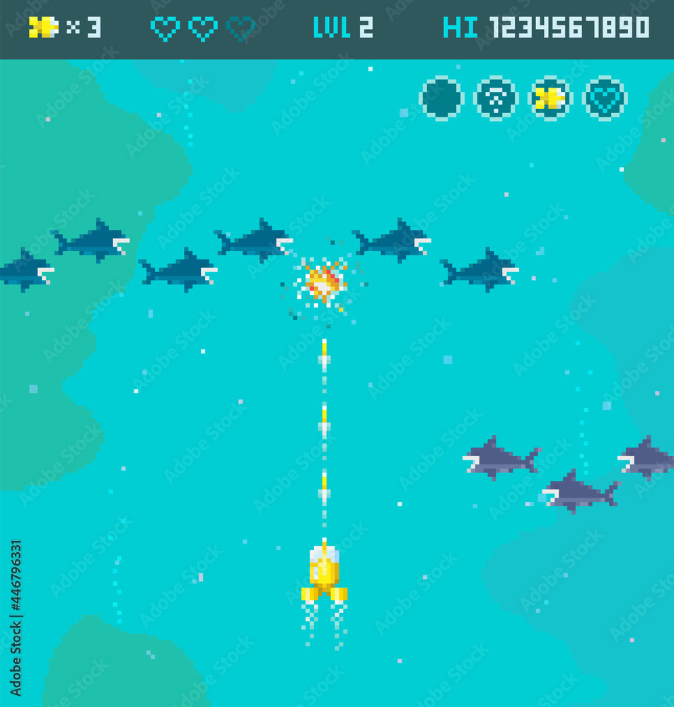 Concept of 8 bit arcade video game of pixel art underwater landscape with bathyscaphe or submarine vs sharks. Retro video game shark attack. Vector template
