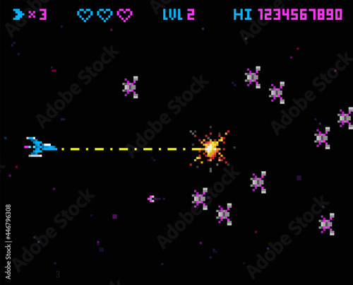 Pixel art 8-bit retro video game of battle space ship vs Ufo. Simple pixel explosion and spaceship. Retro 8-bit gaming in trendy 90s style. Vector video game template
