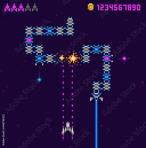 Retro 8 bit arcade space snake video game vector template. 8 bit UFO game trendy 80s style. Pixel style laser, explosion and spaceship