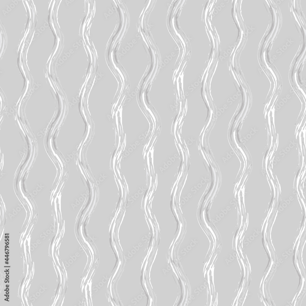 Hand drawn strands of vector wavy broken fibre strands. Seamless pattern with vertical broken stripes. Linear geometric organic silver grey monochrome backdrop. Textural rustic cottage style repeat